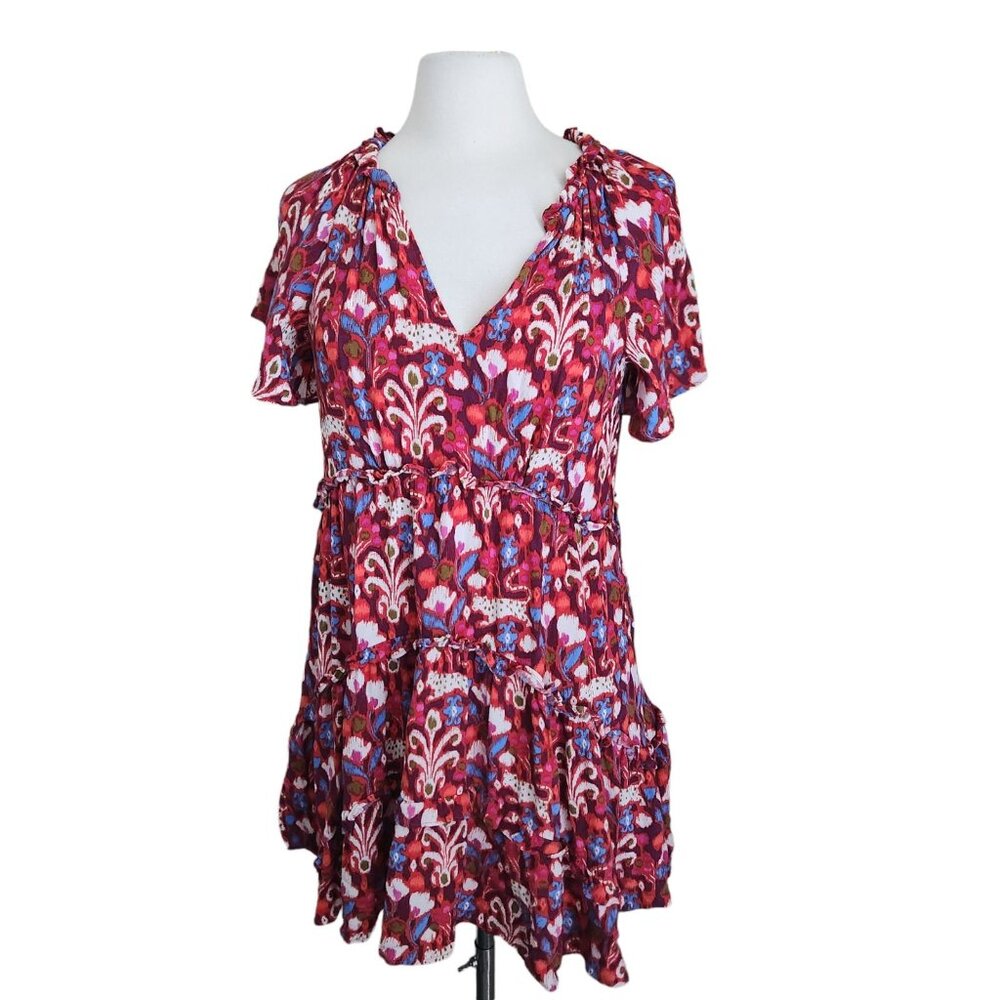 Anthropologie‎ Robin Floral Ruffle Tiered Mini Dress Size XS Oversized Pink Red